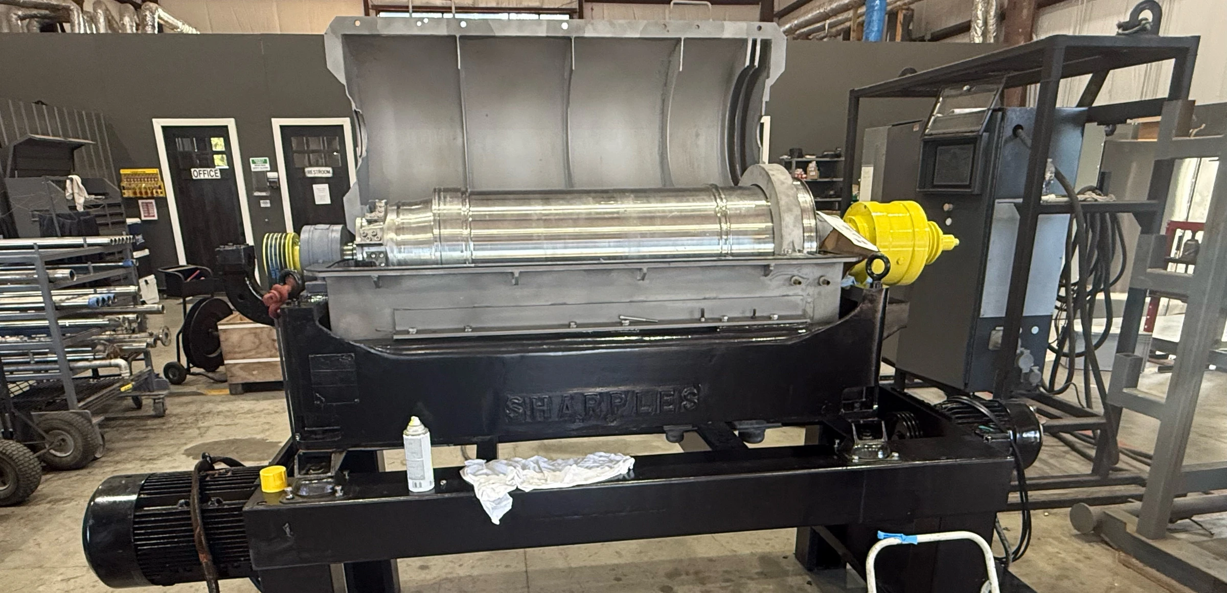 Fully refurbished Sharples decanter centrifuge in the Sully Enterprises shop, South Jordan Utah